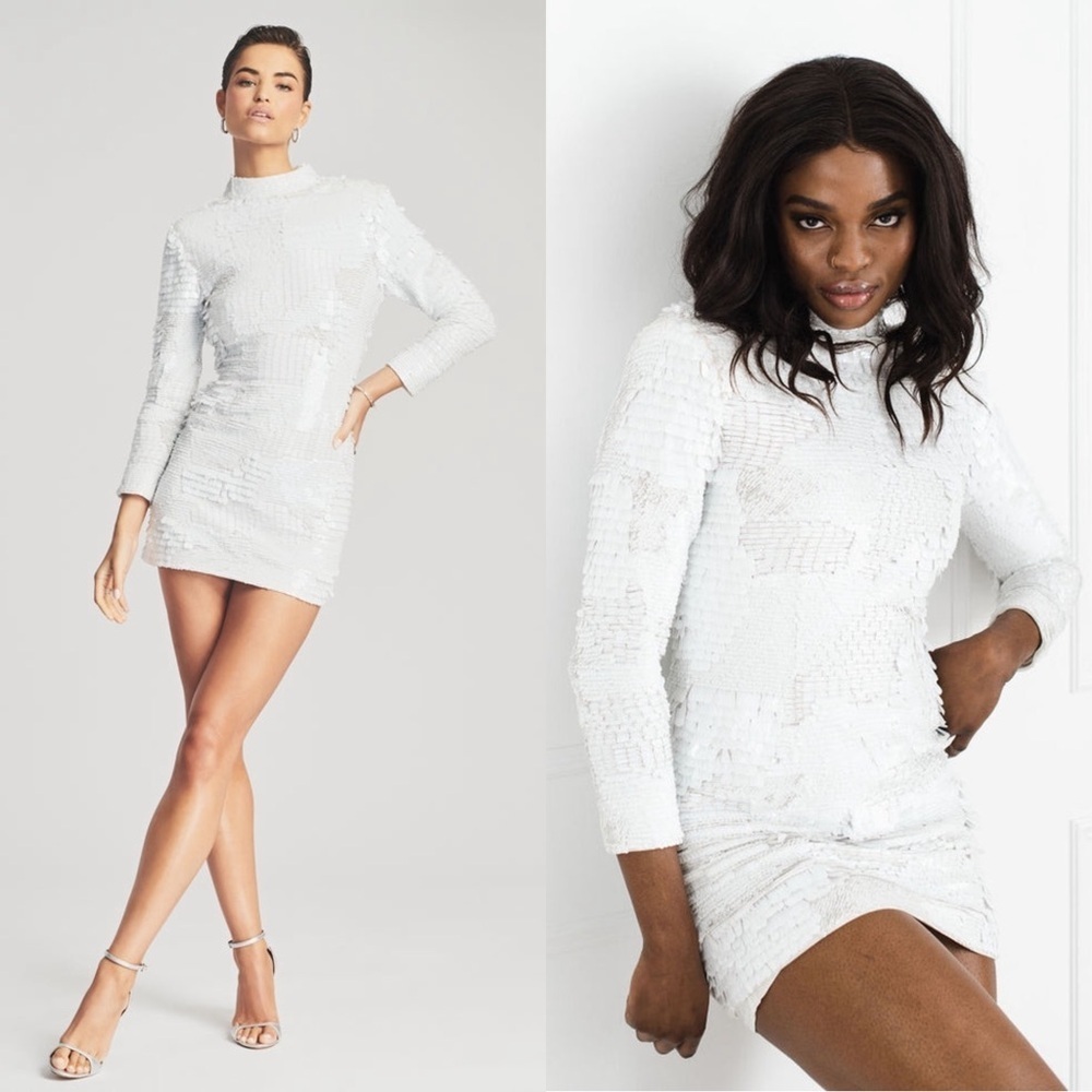 NWT RETROFETE Hand Stitched Abstract Sequin High Neck Long Sleeve Mini Dress XS‎